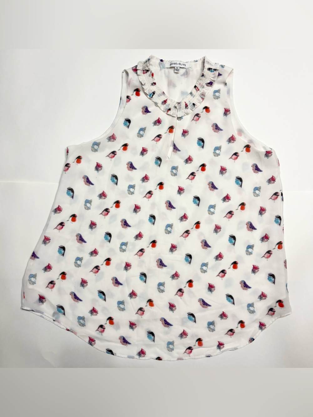 Rose & Olive- Sleeveless Bird-Print Ruffle Neck Top